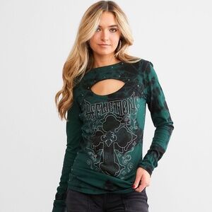 AFFLICTION Eastwood Blossom Mesh Studded Cut-Out Graphic Long Sleeve Top M